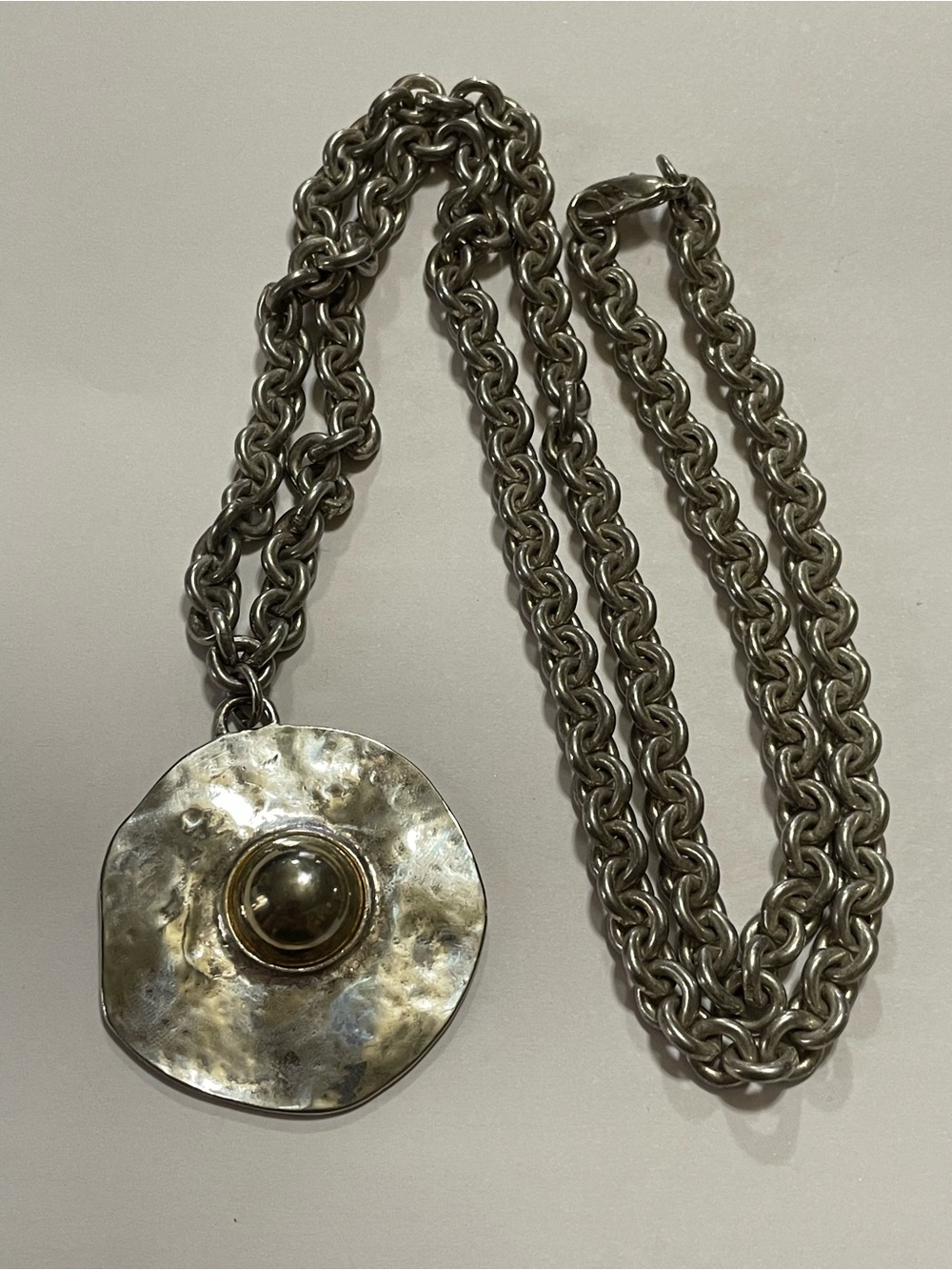 Two Tone Pendant on Heavy Duty Silver Tone Chain Necklace #0191